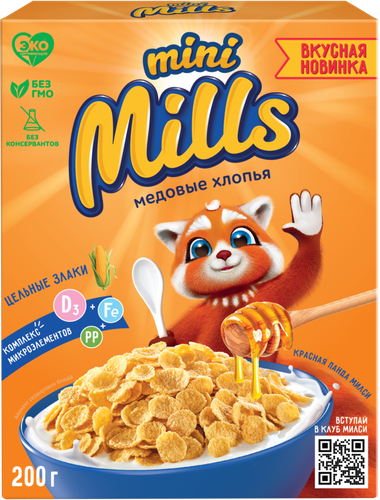 

Хлопья кукурузные Mini Mills Медовые, обогащенные витаминами и железом 200 г