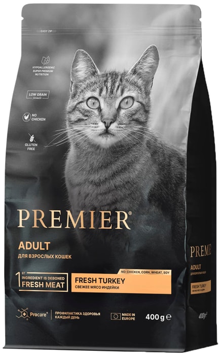

Сухой корм для кошек Premier Cat Turkey Adult Свежая индейка 400 г