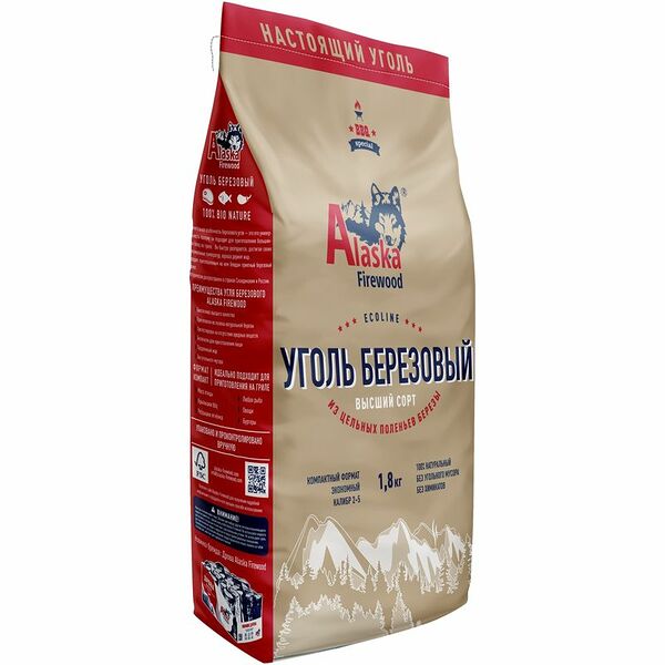 Уголь берёзовый ЭКО, Alaska Firewood, 1.8 кг, Россия