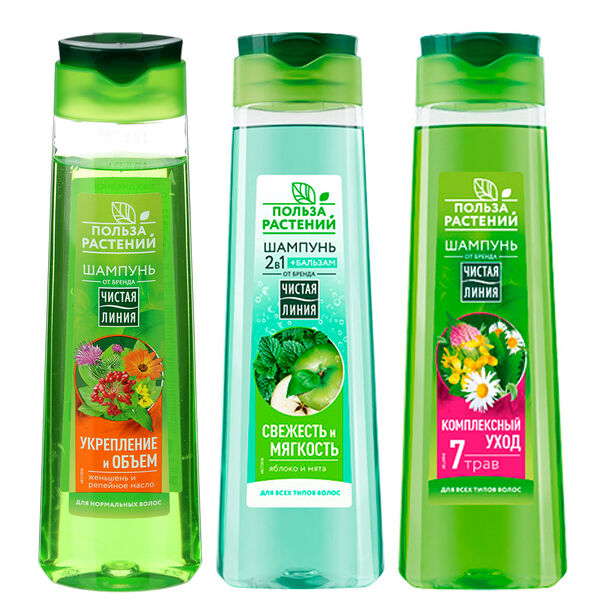 Шампунь для волос чистая линия 3 вида, в ассортименте, 385 мл