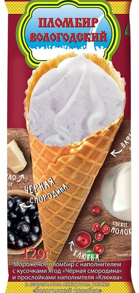 Мороженое Вологодский пломбир Пломбир с кусочками ягод Черная смородина и Клюква в сахарном рожке 120г