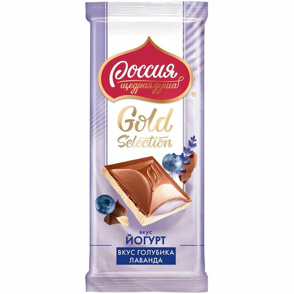 Шоколад молочный и белый Россия - Щедрая Душа! Gold Selection с йогуртовой начинкой с лавандой и вкусом голубики, 82г