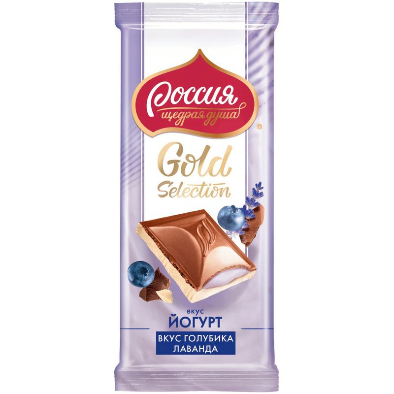 

Шоколад молочный и белый Россия - Щедрая душа! Gold Selection с йогуртовой начинкой с лавандой и вкусом голубики 82 г
