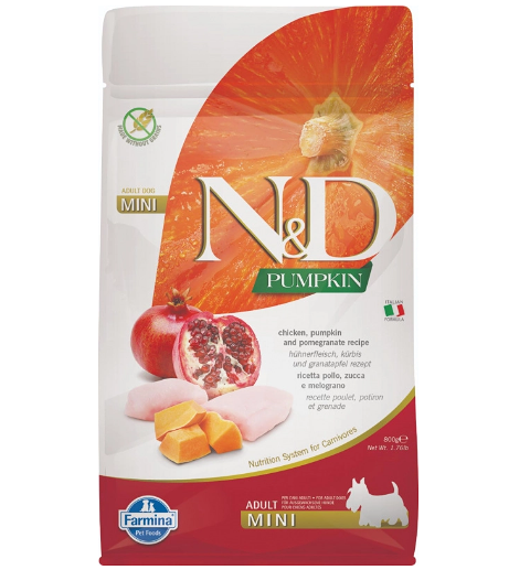 Корм сухой N&D Dog Adult Mini для взрослых собак мелких пород с курицей, гранатом и тыквой 800г