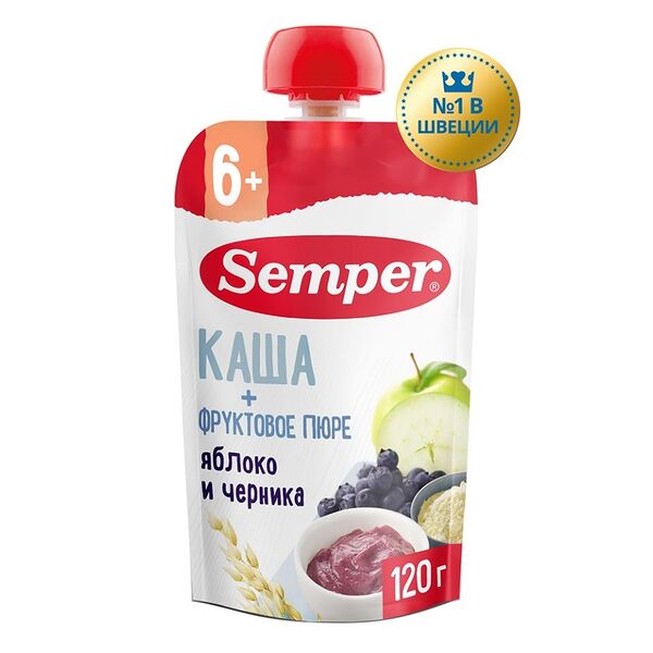 Каша с фруктовым пюре Semper яблоко-черника с 6 месяцев, 120г