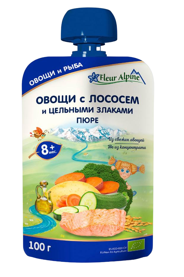 

Пюре Fleur Alpine овощи с лососем и цельными злаками с 8 месяцев 100 г