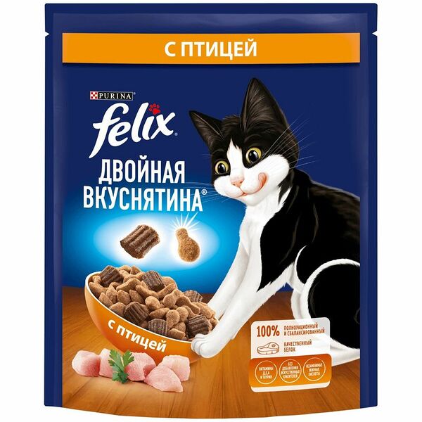 Корм Felix Purina Двойная вкуснятина сухой с птицей для кошек, 200г