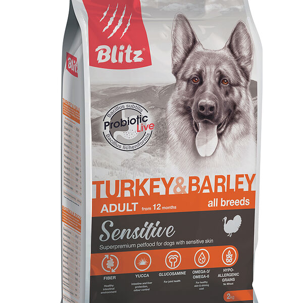 Сухой корм Blitz Sensitive Adult Dog для взрослых собак всех пород Индейка и ячмень, 2кг