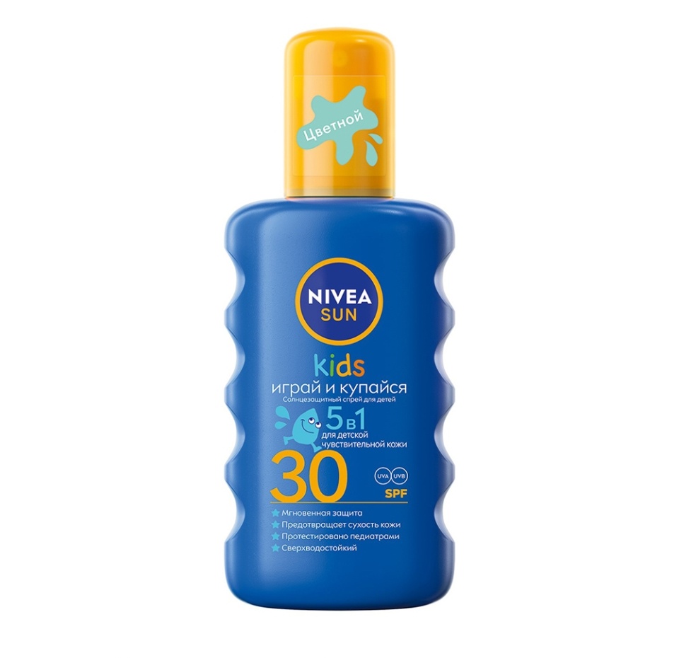 

Спрей солнцезащитный детский Nivea Sun Kids Играй и купайся 5 в 1 цветной SPF 30 200 мл
