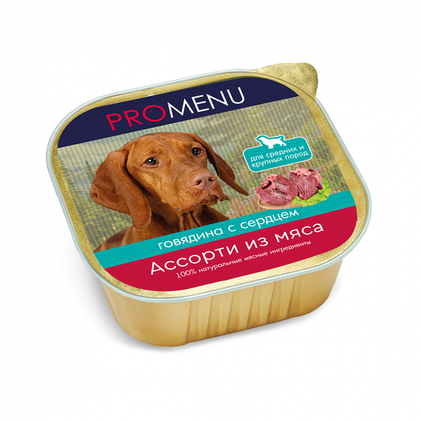 Влажный корм Pro Menu для собак средних и крупных пород, ассорти из мяса говядины с сердцем, 300 г