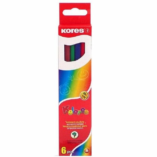Карандаши цветные Kores деревянные, трехгранные, толщина грифеля 2.9 мм, 6 цветов