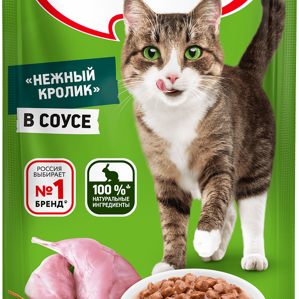 Влажный корм Kitekat для взрослых кошек со вкусом кролика в соусе «Нежный кролик», 85г