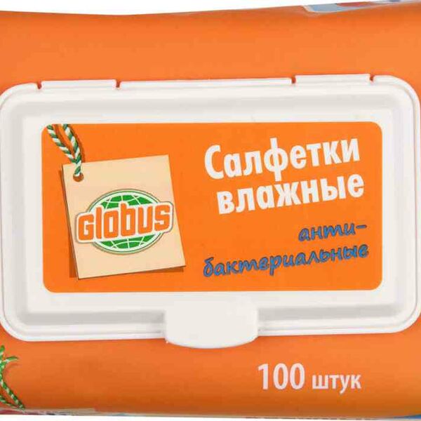 Влажные салфетки антибактериальные Глобус упаковка с клапаном, 100 шт.