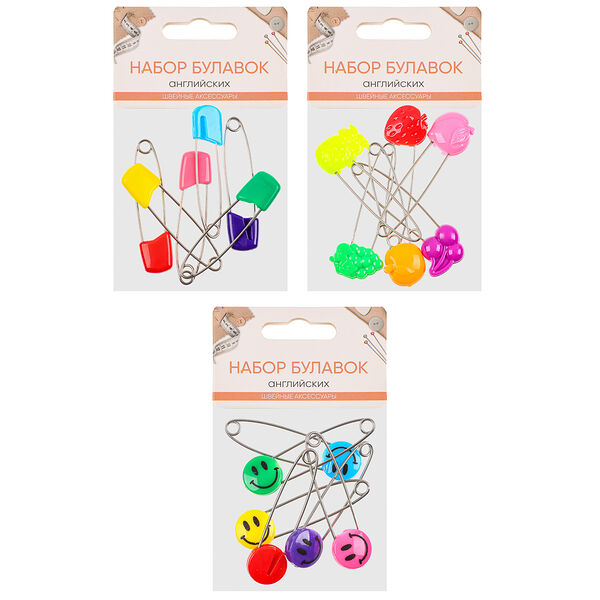 Булавки английские 6 шт., 50-60 мм, металл, пластик, дизайн в ассортименте