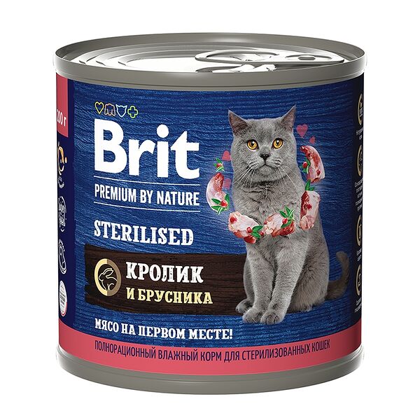 Корм для кошек BRIT Premium by Nature для стерилизованных, мясо кролика с брусникой банка