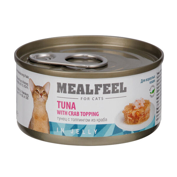 Влажный корм Mealfeel (консервы) для кошек, тунец с топпингом из мяса краба в желе, 85 гр.