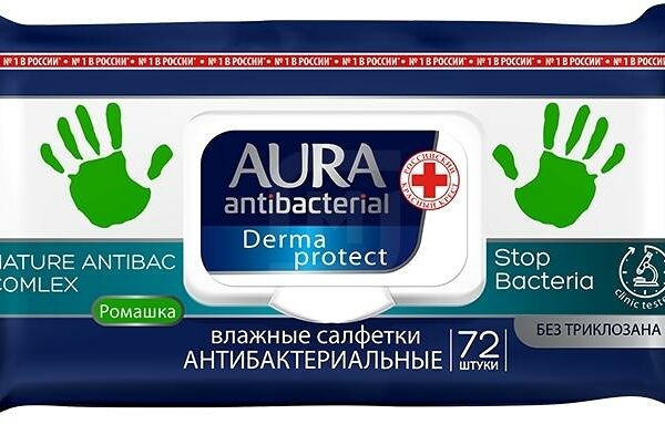 Влажные салфетки Aura Derma Protec Антибактериальные 72 шт