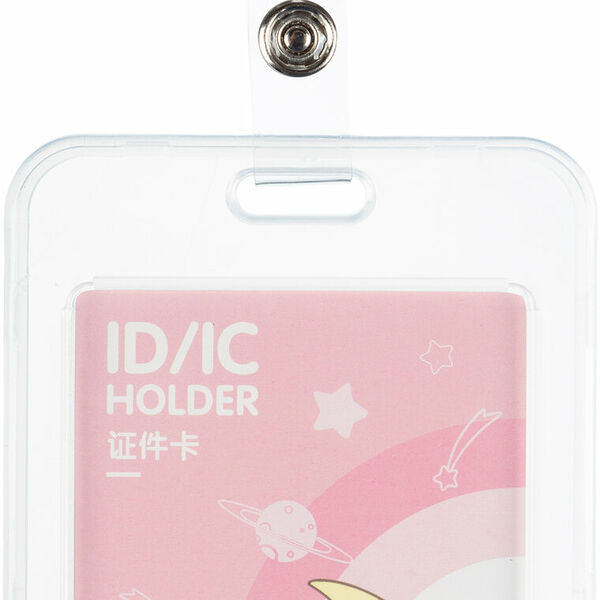 Бейдж Deli вертик.54x86 мм,жест.,держат,замок на кноп+рулетка и тесьма,роз