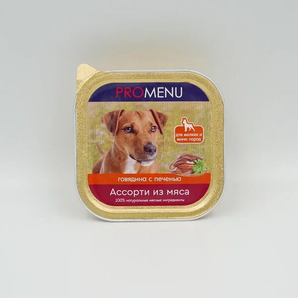 Влажный корм PRO MENU для собак, ассорти из мяса говядины и печени, 100 г