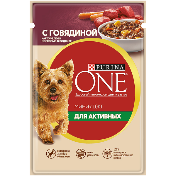 Влажный корм Purina One Мини с говядиной картофелем и морковью для активных собак