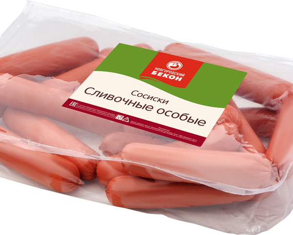 Сосиски НОВГОРОДСКИЙ БЕКОН Сливочные Особые газ.среда вес до 1.2 кг