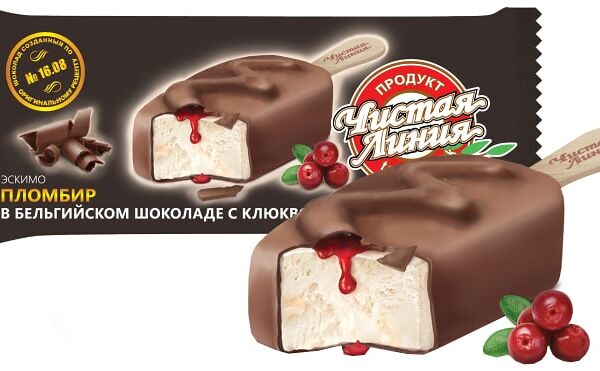 Мороженое Чистая Линия Пломбир в бельгийском шоколаде с клюквой 12% 80г