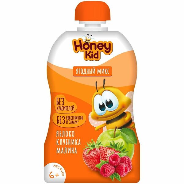 Пюре Honey Kid Ягодный микс яблоко-малина-клубника с 6 месяцев