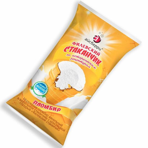 Пломбир Айсберри Филевское ванильный в шоколадной глазури стаканчик 15%, 100г