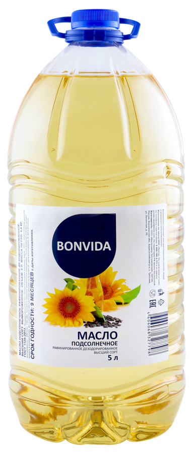 

Масло подсолнечное Bonvida рафинированное дезодорированное вымороженное высший сорт 5000 мл