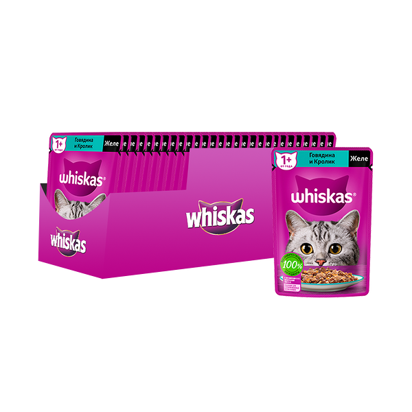 Корм для кошек WHISKAS говядина, кролик в желе пауч 75г (упаковка - 28 шт)