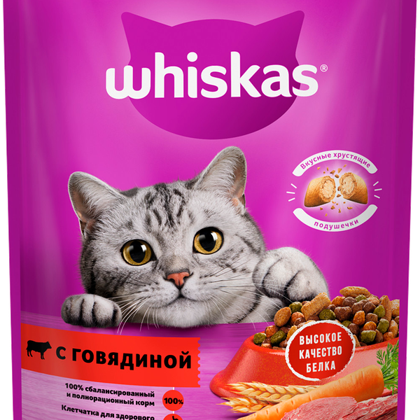 Сухой корм для кошек Whiskas полнорационный Вкусные Подушечки С Нежным Паштетом Аппетитный Обед С Говядиной