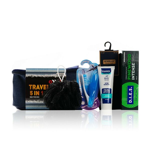 Мужской набор ( гель для душа Foammen Заряд свежести 75мл + мочалка - шар Aqua Joy , Черный + зубная паста D.I.E.S. 