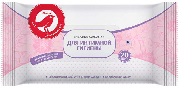 Салфетки влажные АШАН Красная птица для интимной гигиены, 20 шт