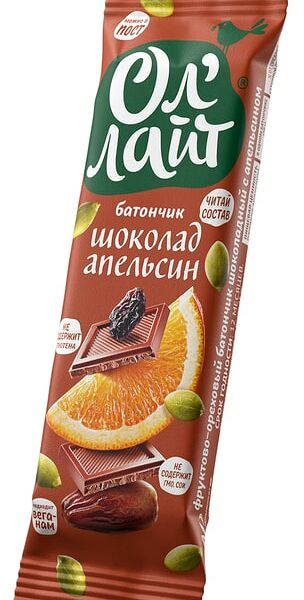 Батончик фруктово-ореховый Ол Лайт шоколад с апельсином 30г
