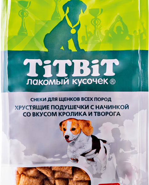 Лакомства TITBIT для щенят хрустящие подушечки с начинкой со вкусом кролика и творога, 95 г
