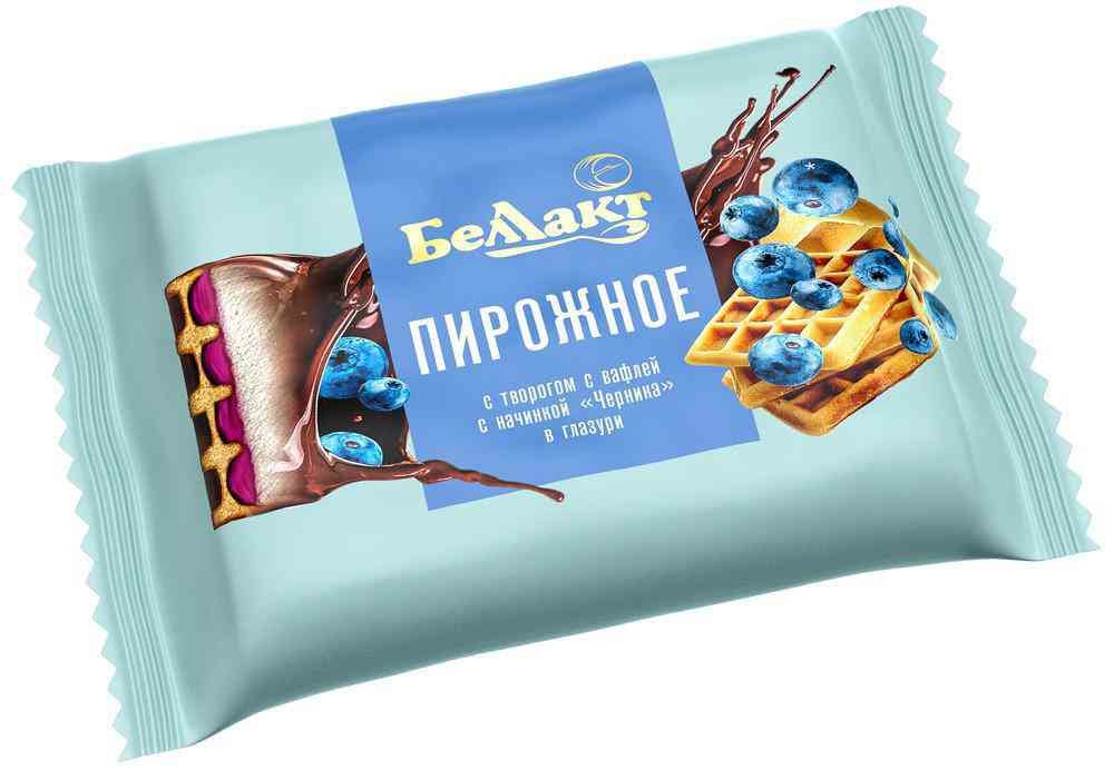 

Пирожное Беллакт с творогом с вафлей и начинкой черника в глазури 23% 100 г