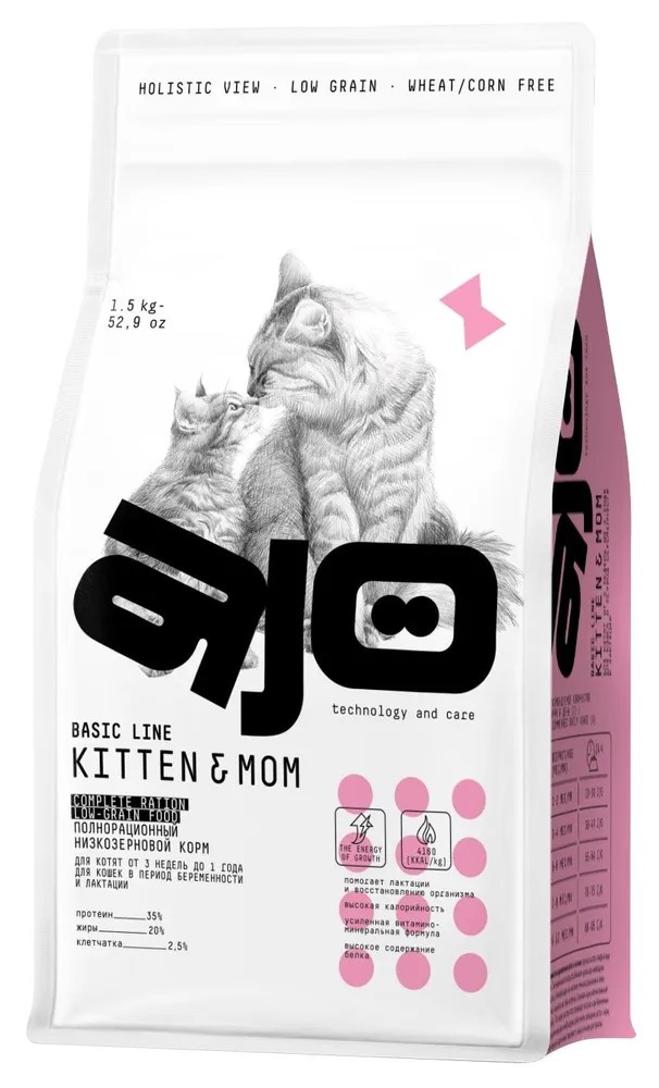 

Корм сухой полнорационный Ajo Basic Line с индейкой для котят, беременных и кормящих кошек, 1.5 кг
