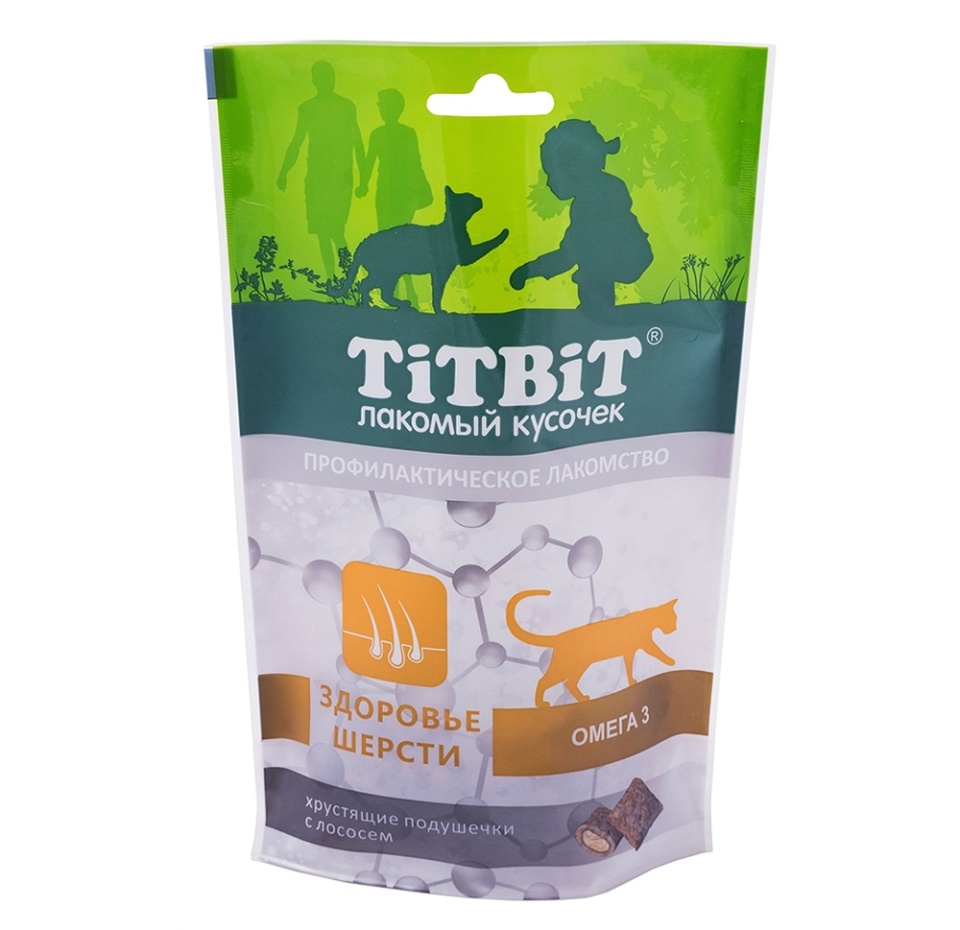 

Хрустящие подушечки с лососем для здоровья шерсти кошек, TitBit, 60 г, Россия