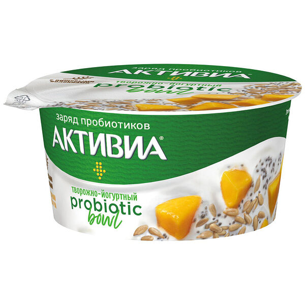Биопродукт кисломолочный творожно-йогуртный Активиа Probiotic bowl с пищевыми волокнами, манго, семенами подсолнуха и чиа 3,5%