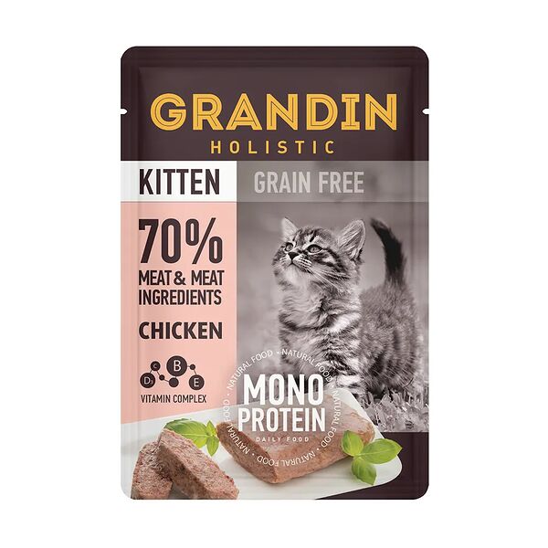 Kitten Grain free Monoprotein Влажный корм Grandin (пауч) для котят, патэ из нежного мяса курицы в желе, 85 гр.