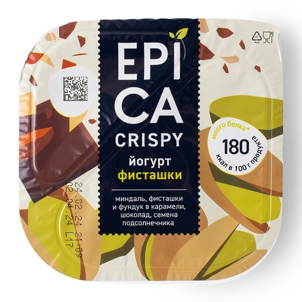 Йогурт Epica Crispy фисташки семена подсолнечника и темный шоколад 4.8%, 140г