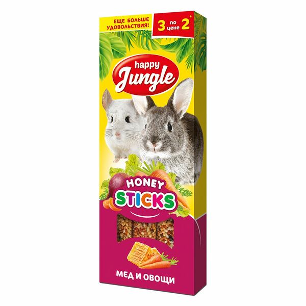Палочки для крупных грызунов Happy Jungle Мед и овощи, 3 шт х 30 г