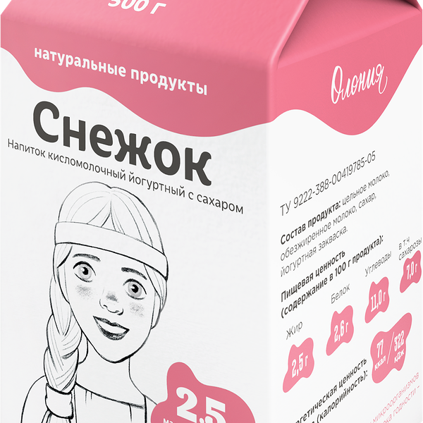 Напиток кисломолочный йогуртный ОЛОНИЯ Снежок с сахаром 2,5%, без змж, 500г