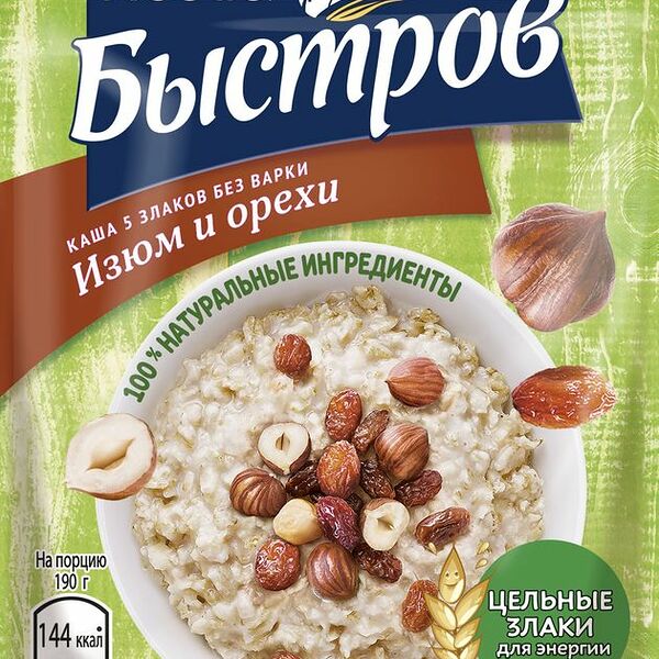 Каша без варки Быстров 5 злаков с изюмом и орехами сашет, 40 г