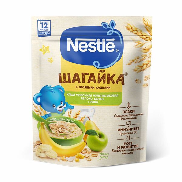 Детская каша молочная 5 злаков Nestle Шагайка с кусочками яблока, банана и груши