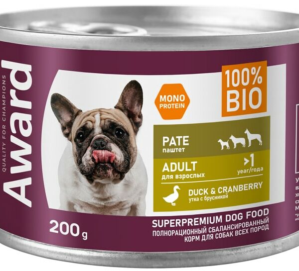 Влажный корм для собак Award Паштет из утки с брусникой 200г