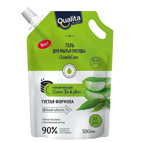 Средство для мытья посуды Qualita Green tea&Aloe, дой-пак, 500 мл