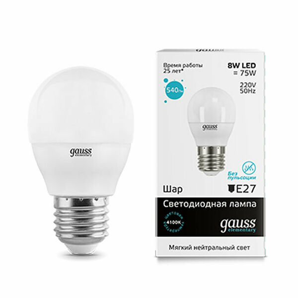 Светодиодная лампа Gauss Elementary LED Globe E27 8W 4100K 53228
