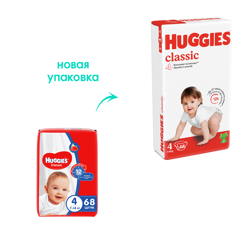 

Подгузники детские Huggies Classic 4, 7-18 кг 68 шт.