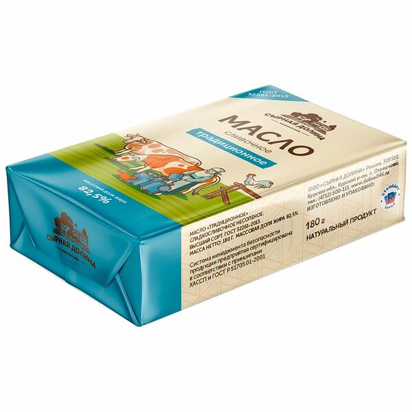 Масло сладкосливочное Сырная Долина Традиционное несолёное ГОСТ 82.5%